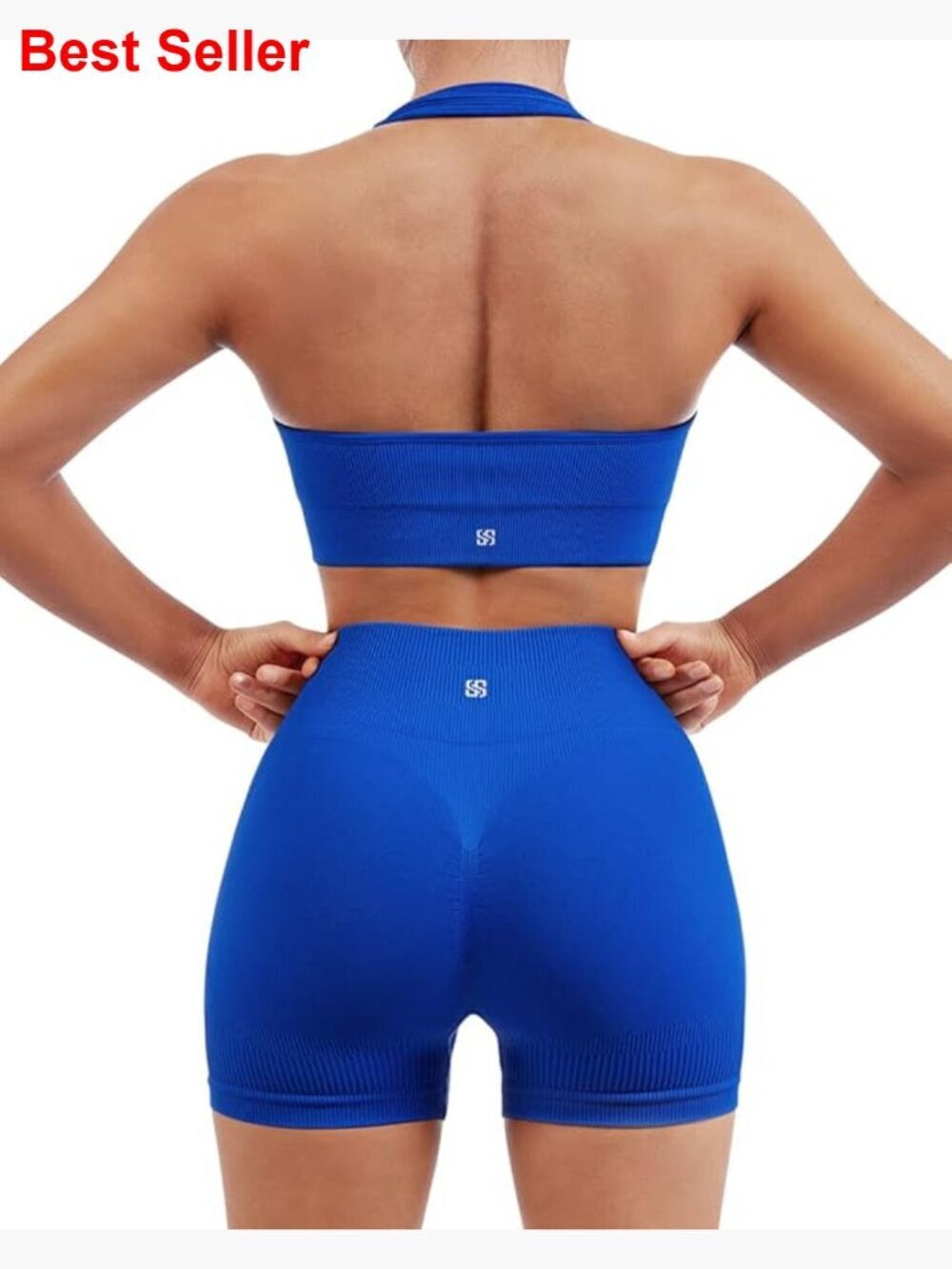 Seamless Ribbed Workout Set Backless Sports Bra Booty Biker Short